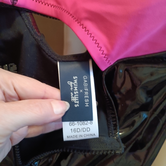 Pink and Black Pleather Cutout Swimsuit - Picture 3 of 6